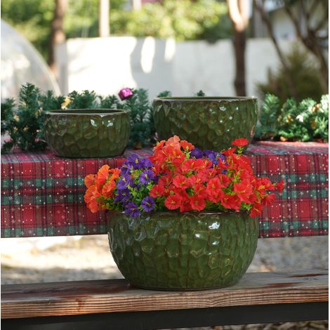 Set di 3 vasi da fiori in ceramica verde antico, con fori di drenaggio DESVIAE (1/5)