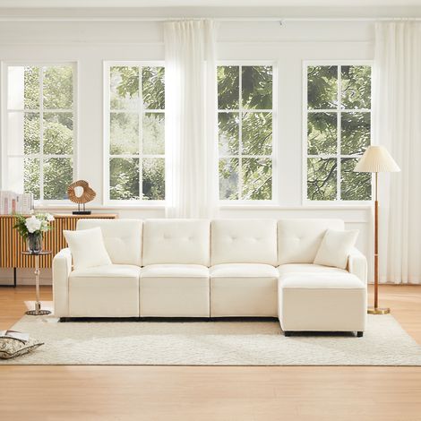 Canapé d'angle 4 places 280x146x85 cm avec pouf, rangements sous assises, modulable, design confortable salon, velours côtelé, beige (1/5)