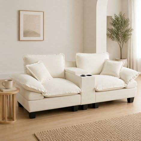 Sofá modular 224x82x90 cm, con puertos USB, almacenaje y portavasos, otomana extraíble, chenilla beige (1/5)