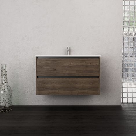 Inda - Badezimmerschrank 2 Schubladen B.100 mit mattiertem Waschbecken / Braune Eiche - Smeraldo