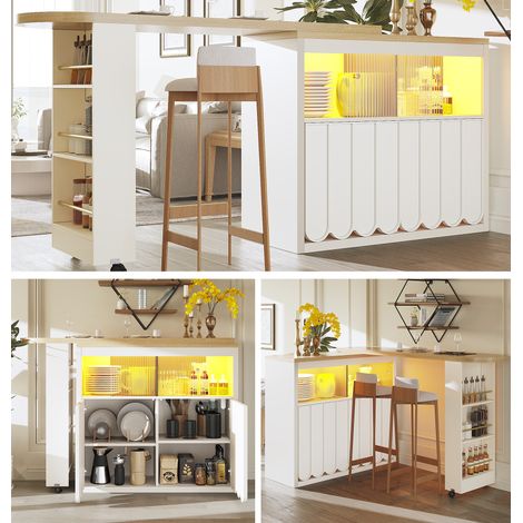 Table Haute Extensible 135–205 cm avec LED et Rangements – Bar Mobile sur Roulettes, Blanc Moderne (1/5)
