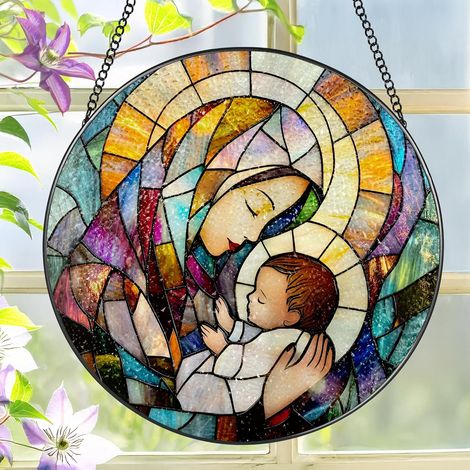 Attrape-soleil vitrail motif chrétien – Suspension décorative 9 cm