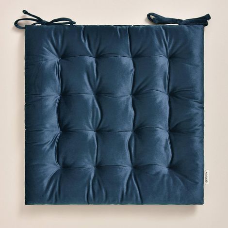 Coussins de Chaise avec Rubans 40 x 40 x 4,5 cm Coussin d'assise rembourré, Galette de Chaise Interieur avec Attaches, antidérapants pour siège Velours Bleu foncé, 1 pièce (1/4)