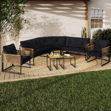 Conjunto de muebles bajos de jardín RIO de 8 plazas con estructura de metal y cordaje efecto ratán claro y cojines negros