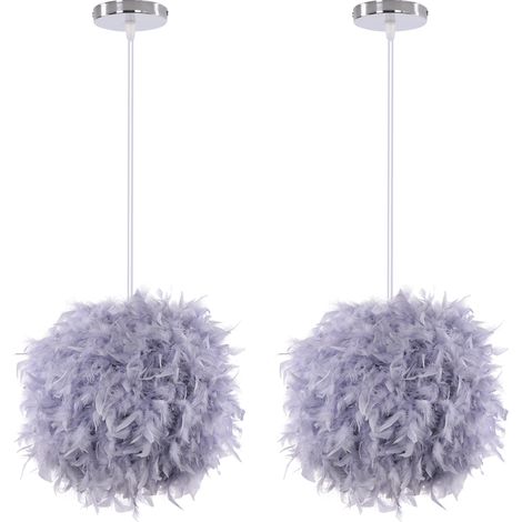 (2PCS) Modern Feather Pendant Light Fluffy Feather Ceiling Light ,Feather Light Shade ,For Bedroom, Living Room, Wedding (Grey)