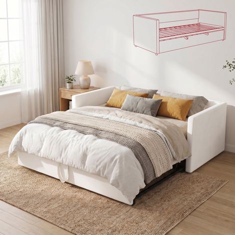 Banquette lit gigogne extensible 90 à 180x200 cm - Canapé-Lit 2 Places en Velours - Sommier à Lattes - Beige(90x200/180x200cm)