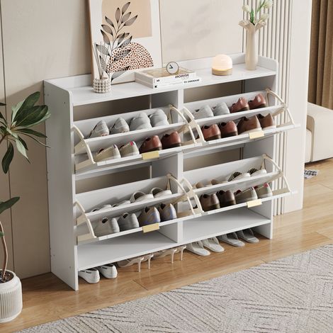 Mobile portascarpe moderno bianco con 4 ribalte, 1 mensola aperta, 110 x 24 x 90 cm DESVIAE (1/5)
