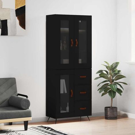 Buffet haut noir avec rangement, bois d’ingénierie et pieds en métal, 69,5 x 34 x 180 cm - PANGIVO (1/5)