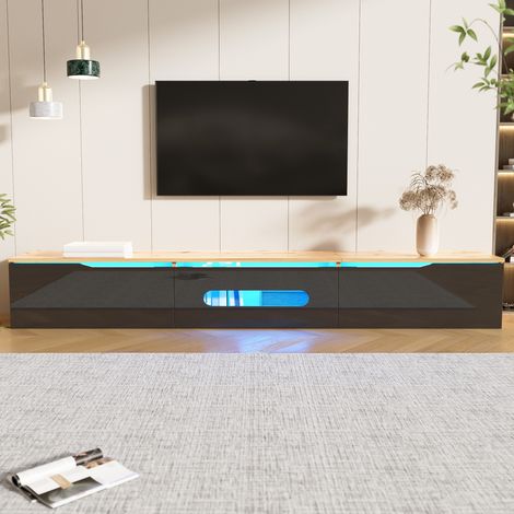 Meuble TV MDF et panneaux de particules noir et bois 180x35x30 cm, LED 16 couleurs, 3 portes, mural ou au sol (1/5)