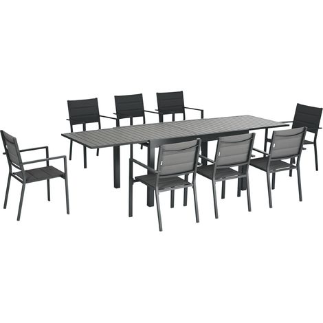Tavolo da giardino allungabile 135 - 270 cm in alluminio e poliestere, 6/10 persone, 8 sedie impilabili, grigio