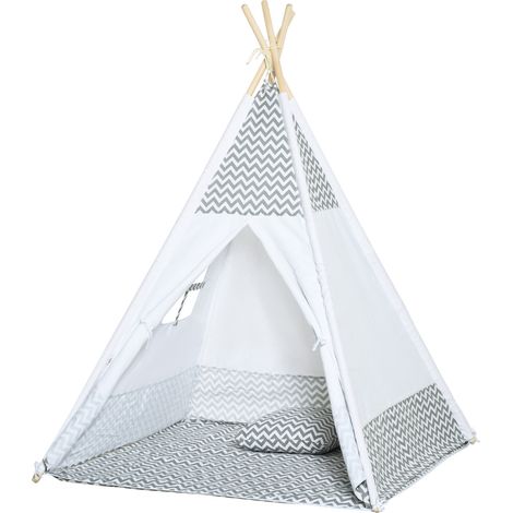 Tente Teepee Indien Tente de jeu pour Enfant Style Graphique - dim. 1,2L x 1,2I x 1,55H m - Porte refermable Fenêtre Tapis Coussin Sac Transport Inclus - à l'Intérieur à l'Extérieur Gris Blanc