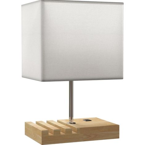 Lampe de chevet blanche avec ports USB, base en bois et abat-jour en tissu (1/5)