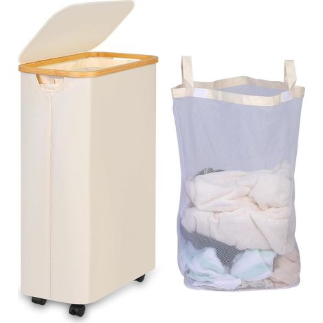 Wäschekorb Wäschesammler Innentasche Deckel 75L mit Rädern Beige (1/5)