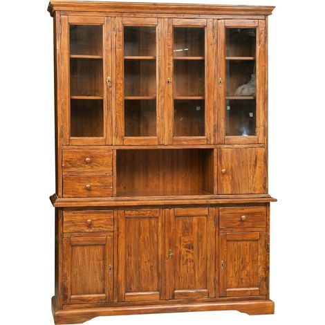 Country-style solid lime wood walnut finish W156XDP50XH200 cm sized display case. Made in Italy