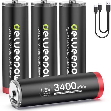 Pile Rechargeable AA 1,5V Lithium 3400mWh, Pile AA Rechargeable USB C 4 Piles 1500 Cycle (1/5)