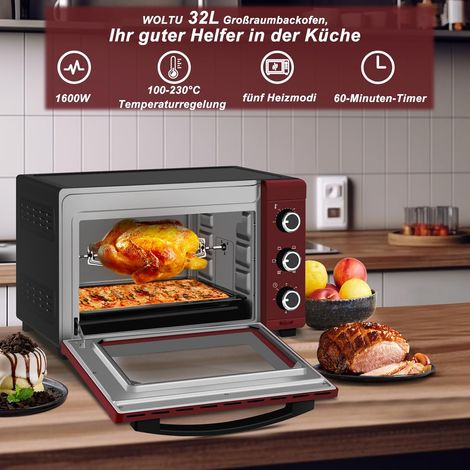 WOLTU Mini Backofen 32 Liter, 1600 Watt Toasterofen Herausnehmbares, 5 Heizmodi, Doppelglastür Pizzaofen mit Drehspieß Backblech Grillrost Krümelblech Rostheber, Schwarz+Rot