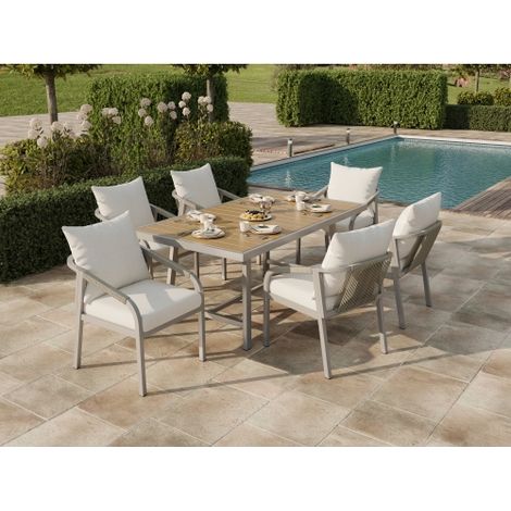 Ensemble de Salle à Manger de Jardin 6 Personnes, Table en Imitation Bois et 6 Chaises, Structure en Acier Galvanisé Beige