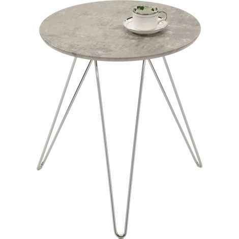 Table d'appoint BENNO, avec pieds en épingle métal chromé et décor béton gris (1/3)