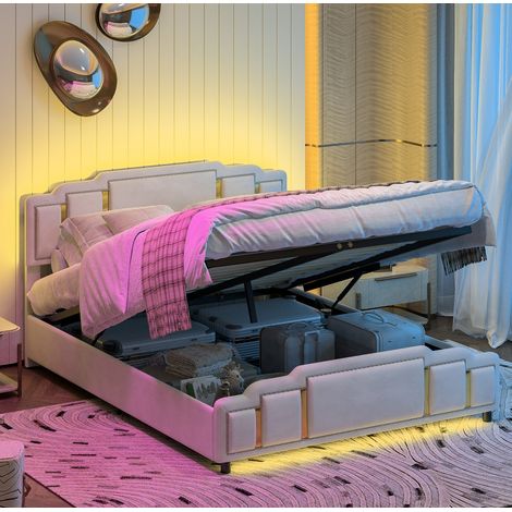 Letto matrimoniale moderno in velluto beige 140x200 cm con testiera imbottita, contenitore idraulico e LED