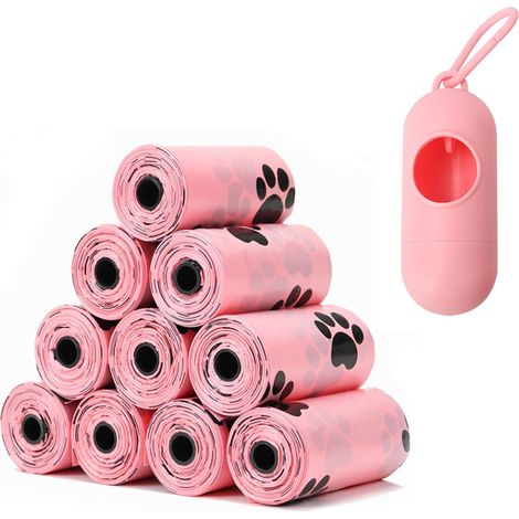 Sacs à déjections canines biodégradables (roses) avec distributeur portable, sacs parfumés pour chiens - 10 rouleaux (150 sacs) 30 x 22 cm - Compostables, résistants aux déchirures --AquaForge
