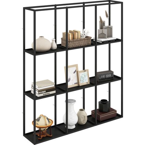 Étagère murale industrielle 9 cases, rangement métal pour objets de collection, design déco intérieur, couleur noire (1/5)