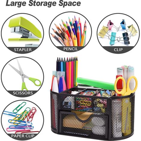 Organiseur de bureau en maille - Porte-stylos - 8 compartiments + 1 tiroir coulissant - 1 pièce - Rose - Pour le bureau et la maison (1/5)