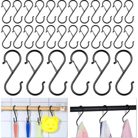 Confezione da 30 ganci a S di sicurezza resistenti alla ruggine, da 3,7 pollici, di colore nero, adatti per utensili da cucina, aste appendiabiti, piante sospese e accessori da bagno (neri).