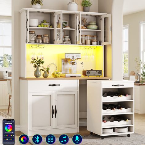 Buffet de cuisine haut 140 cm avec LED intégrée – Meuble de rangement portes et tiroirs – Meuble pantry sur roulettes  – Armoire de cuisine facile d'entretien
