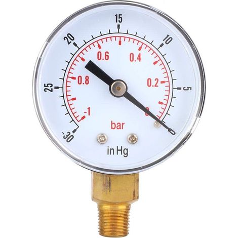Manomètre à Vide, -1-0 Bar, -30-0inHg 50mm 1/8 BSPT Laiton Manomètre de Pression pour l'eau, l'huile, L'air ou Le Gaz (1/5)