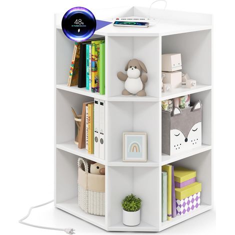 GOPLUS Bibliothèque d'angle avec Station de Charge, 4 Prises, 2 USB, 3 Niveaux avec 9 Casiers pour Jouets, Livres, Organisateur de Rangement d'angle pour Chambre, Salle de Jeux, Salon (Blanc) (1/5)