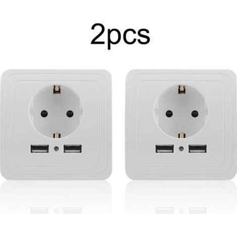Prise Murale - 2 Ports USB - 16 A - Blanc - Lot de 2 (1/4)