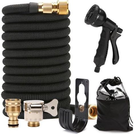 Tuyau D\arrosage Extensible de 15 m Avec 8 Buses, Raccords en Laiton Massif , Tuyau D\arrosage Avec Sac de 50ft noir (1/4)