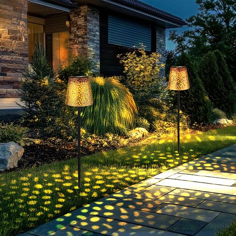 Steckleuchte LED Solar Garten Solarlampe für Außen Solar Stecklampe Metall, mit Erdspieß IP44, Lichteffekt, schwarz gold, LED 3000K, DxH 12x70cm, 2er Set