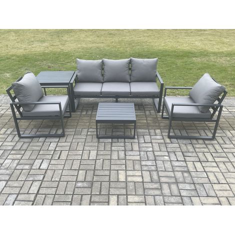 Fimous Aluminium Outdoor Garden Furniture Set Lounge Sofa 2 PC Chairs Square Coffee Table Sets with Side Table Dark Grey (1/5)