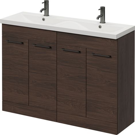 Napoli 390 Brown Oak 1200mm 4 Door Vanity Unit with Double Glide Basins - 1200mm - Gunmetal Grey 160mm Handle