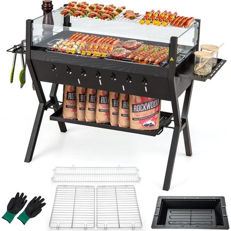 COSTWAY Barbacoa Carbón y Leña con Parrillas, Acero Inoxidable, Barbacoa Carbon con Protector Contra Viento, Estantes para Condimentos y de Almacenamiento, con Guantes