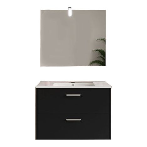Mattschwarzes Badezimmermöbel-Set – Hängeschrank mit 2 Schubladen, Breite 700 mm + Waschbecken + Einfacher Spiegel + LED-Wandleuchte - URB/ELS/S/700/N