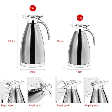 2-Liter-Thermoskanne aus Edelstahl, doppelwandige Isolierflasche für Kaffee, Tee und heißes Wasser, silberner Krug, Wasserflasche aus Metall. (1/3)
