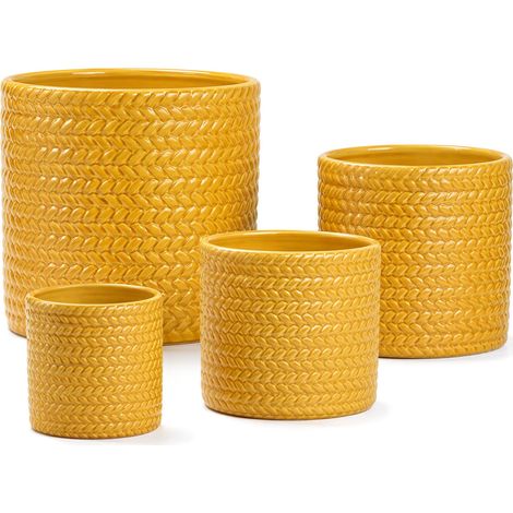 Lot de 4 pots de fleurs céramiques faits main jaune blé brillant, relief chevrons, respirants et résistants au gel, trous de drainage pour balcon et jardin (1/5)