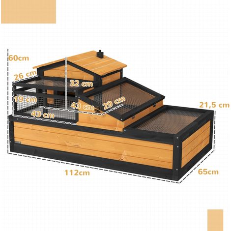 Enclos tortue 2 étages, intérieur/extérieur, tiroir amovible, bois pin naturel, teinte jaune, espace de vie spacieux et pratique (1/5)