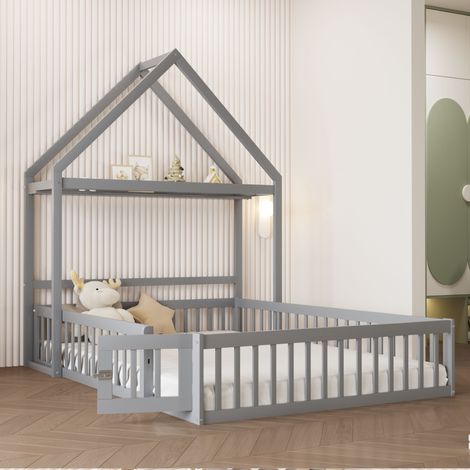 Letto per bambini 140x200, struttura in legno massiccio con contenitore, porta di sicurezza completa - Grigio (1/5)