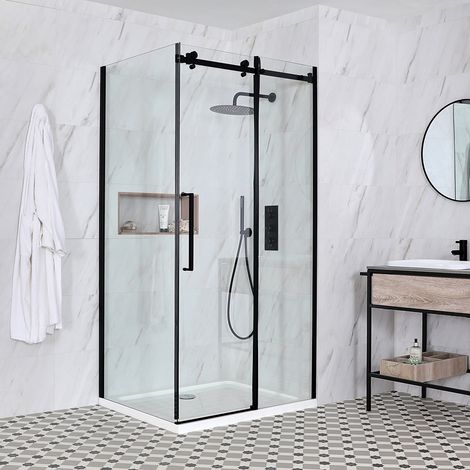 Milano Nero Black Reversible Corner Frameless Sliding Door Shower Enclosure with White Tray and Fast Flow Waste - 1500mm x 800mm (1/5)