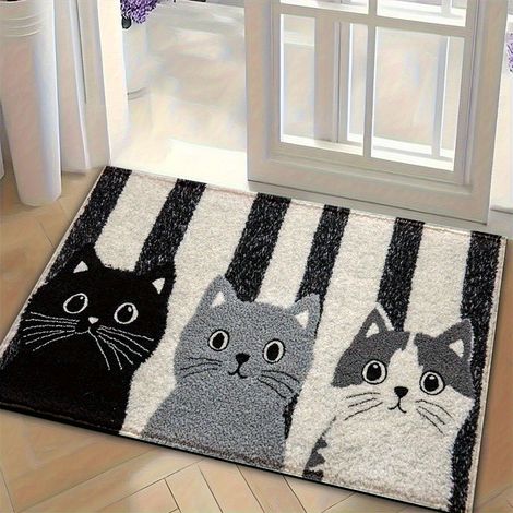 Cute Cat Print Non-Slip Bath Mat Soft Polyester Fiber, Black, Gray, and White Striped Design with Cute Cat Face, Perfect for Bathroom, Kitchen, Bedroom Decoration (1/5)