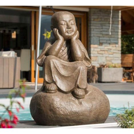 Wanda Collection – Statue moine shaolin pensif 80 cm – Résine renforcée – Décoration zen intérieur/extérieur – Couleur brun antique