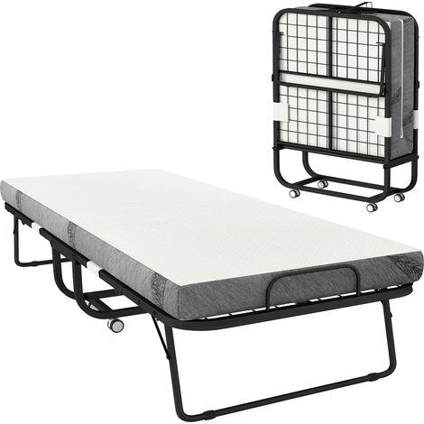 Lit Pliable Simple 90x200 cm avec Matelas Épais de 10 cm, Cadre en Métal et Roues avec Frein, Noir (1/5)