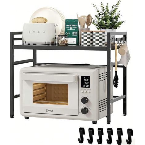Etagere Micro Onde Extensible 2 Niveaux avec 6 Crochets Suspendus, Support Meuble Micro Ondes Vertical Pratique, Meuble de Rangement Organisateur Cadre Métal Noir pour Cuisine, Bureau, Plan Travail (1/5)