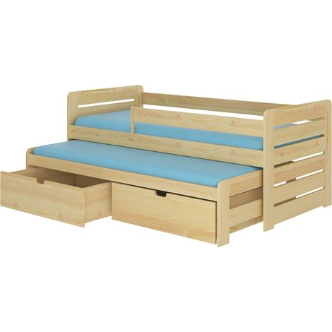 Lit gigogne bois pin naturel 2 couchages 90x200 avec 2 coffres de rangement Solale (1/5)
