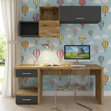 Angolo studio moderno con cassettiera sfalsata per cameretta - Quercia e basalto