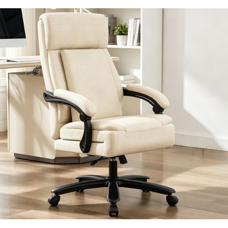 Fauteuil de bureau massant – Fauteuil directeur inclinable – Simili cuir beige – Repose pied – Coussin lombaire amovible – Réglage de hauteur – Fauteuil de détente pour la maison (1/5)