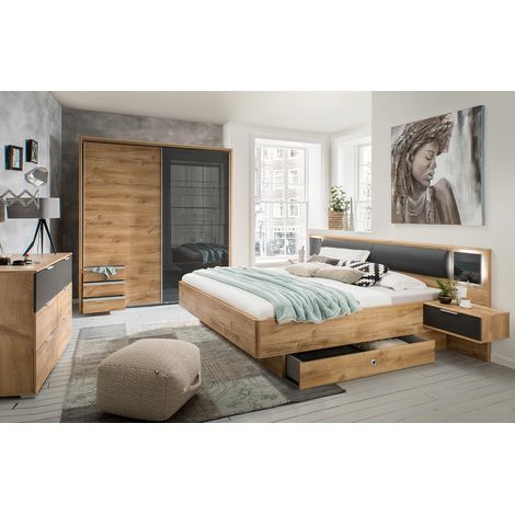 Chambre à coucher complète adulte (lit 160x200 cm Queen Size + 2 chevets + armoire + commode) coloris imitation chêne poutre/graphite -PEGANE-